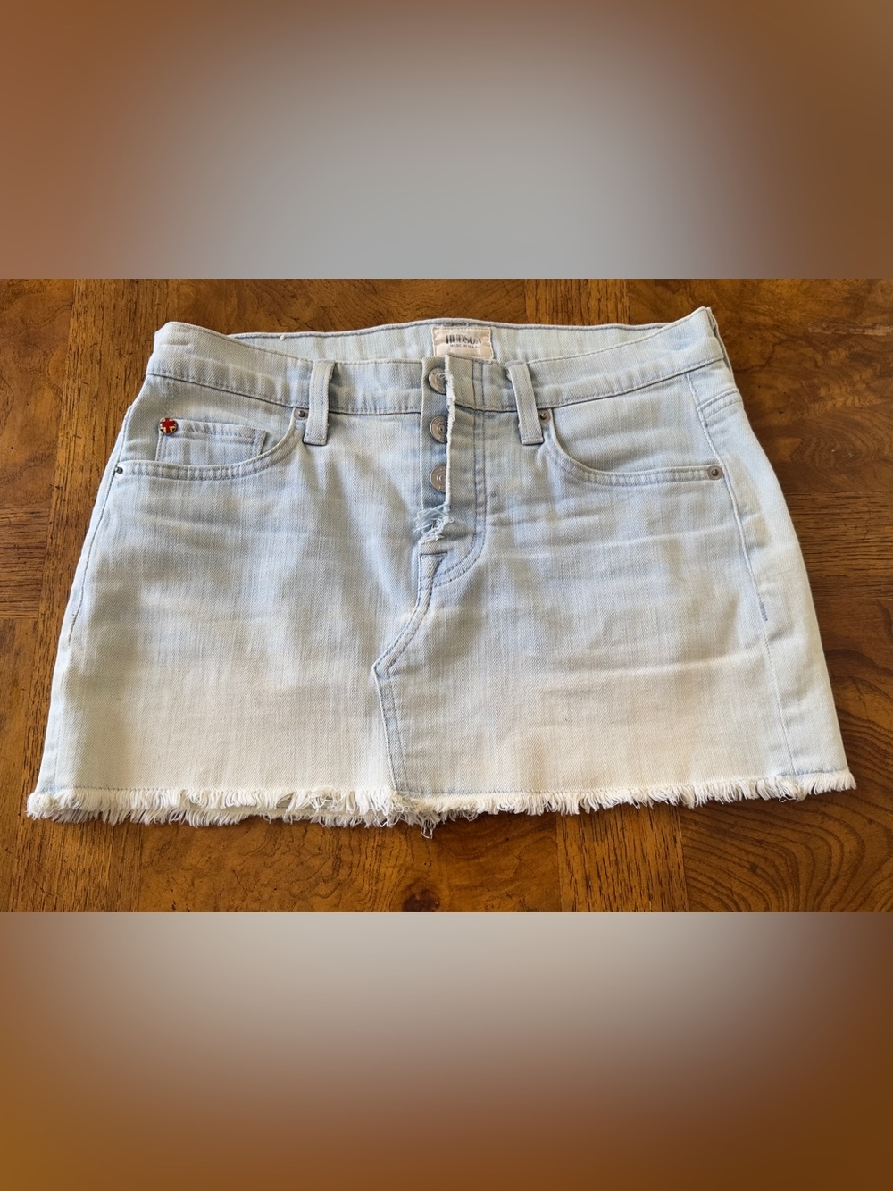 Hudson Jeans Light Wash Denim Mini Skirt with Frayed Hem